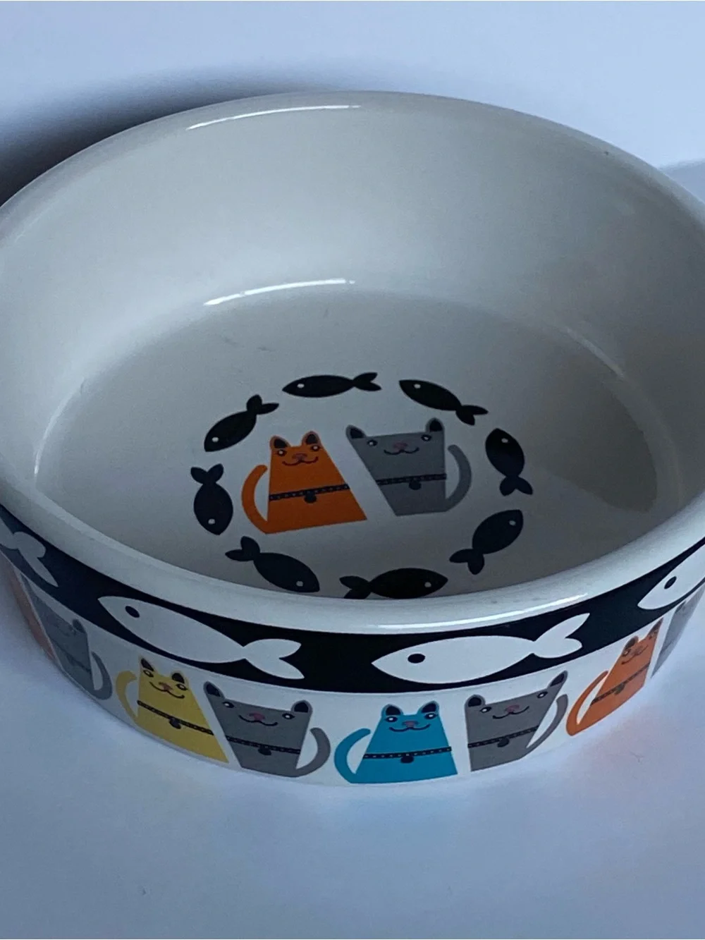 Cat Water Food Bowl Ceramic With Fish And Cats All Around Stoneware 5” Kitty EUC